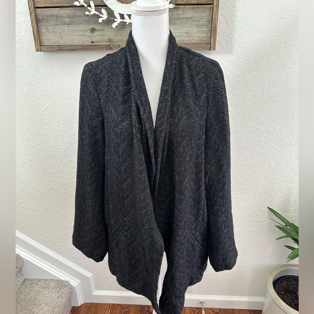 Eileen Fisher gray black wool blend open front blazer jacket sweater ladies XL